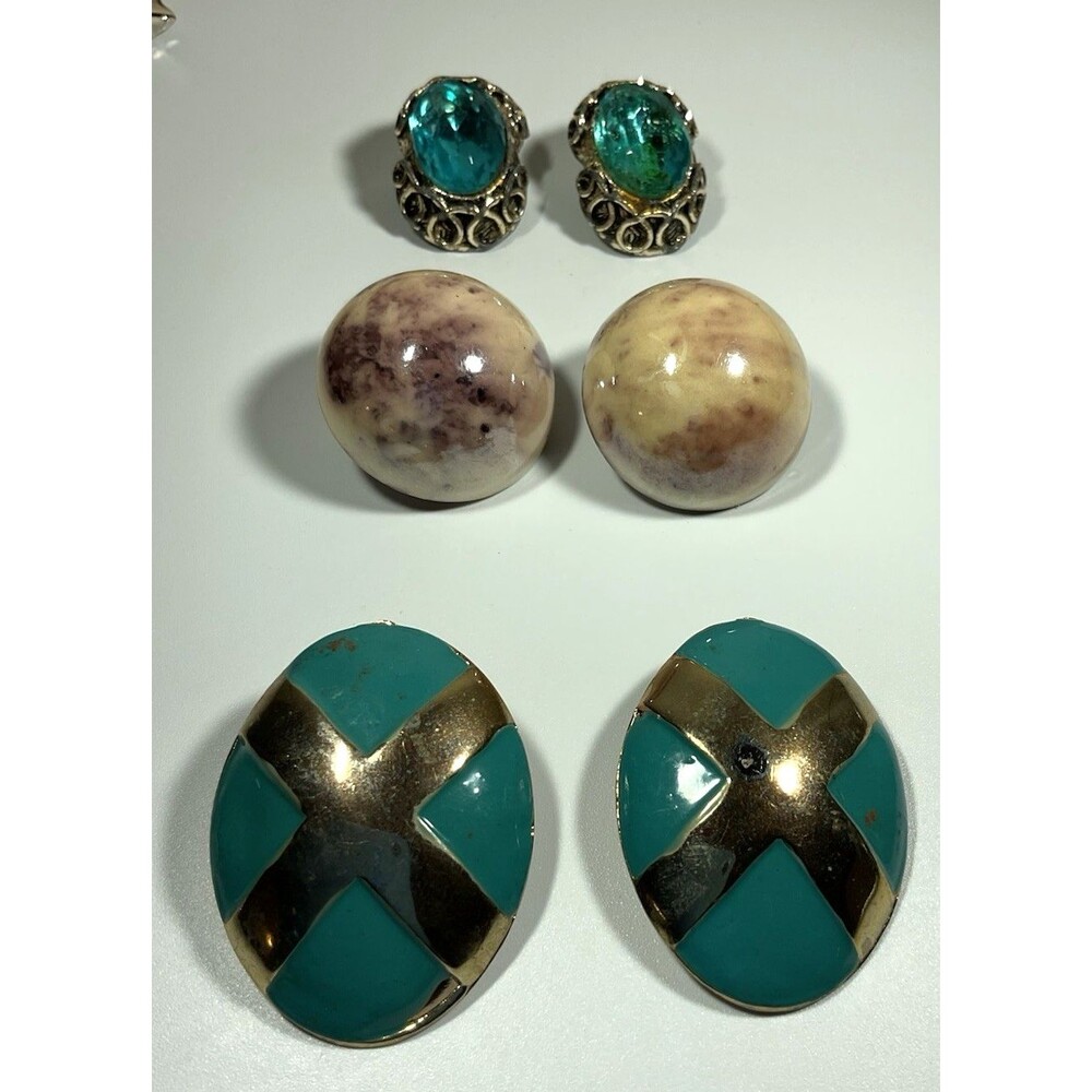 Lot of 3 Pairs of Vintage Estate Clip-On Earrings Silver Tone & Blue MCM Chunky